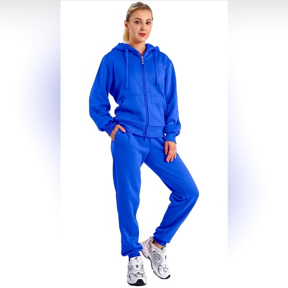 2 Piece Tracksuit Sherpa Fleece Lined Zip Up Hoodie & Joggers Royal Blue, NEW - Picture 2 of 11